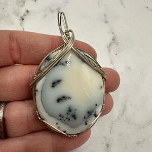 White Moss Agate Silver Wrapped Agate Pendant - Natural Stone Jewelry